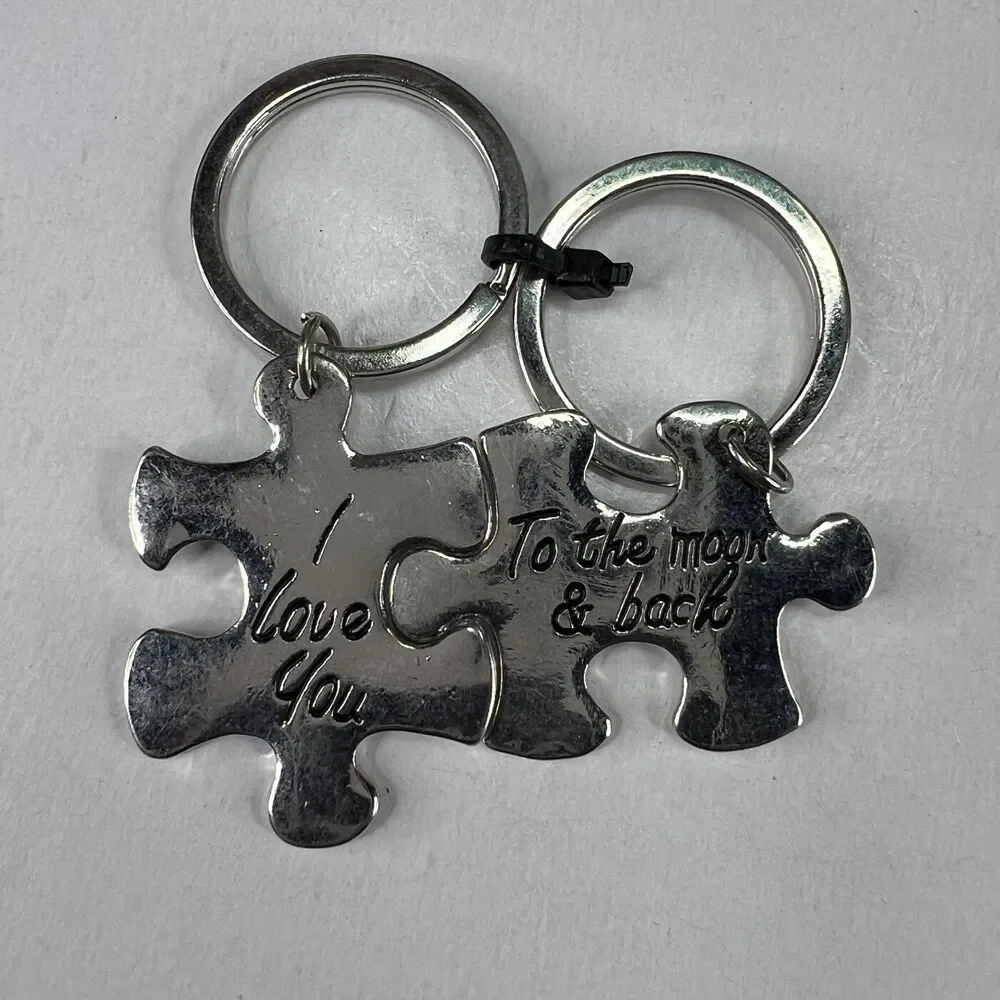 Vintage I Love You To The Moon & Back His and Her Keychain Puzzle Pieces 1.5
